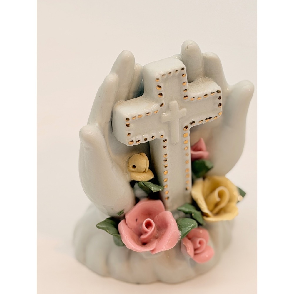 Vintage Ceramic Praying Hands Cross Figurine with Porcelain Roses Gold Trim